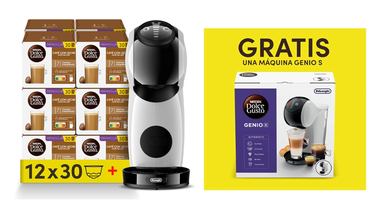 12 packs de 30 cápsulas de Nescafé Dolce Gusto Café con leche + cafetera DeLonghi Genio S de regalo