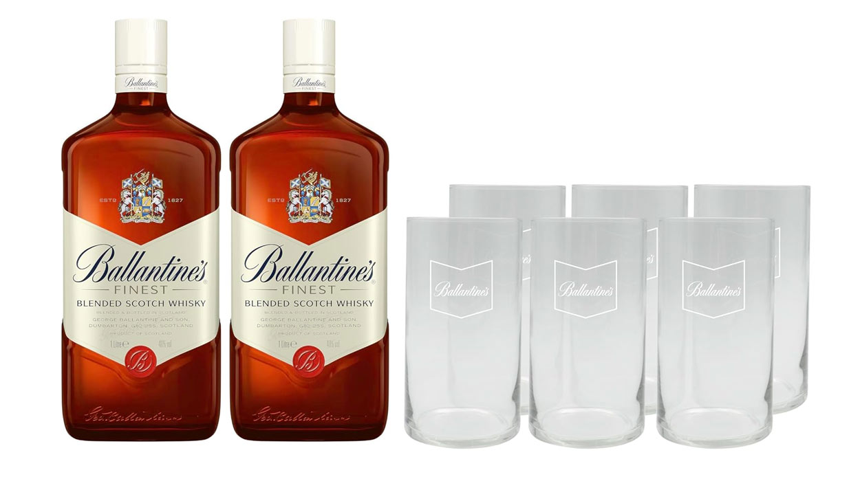 2 botellas Ballantine's vasos regalo baratos