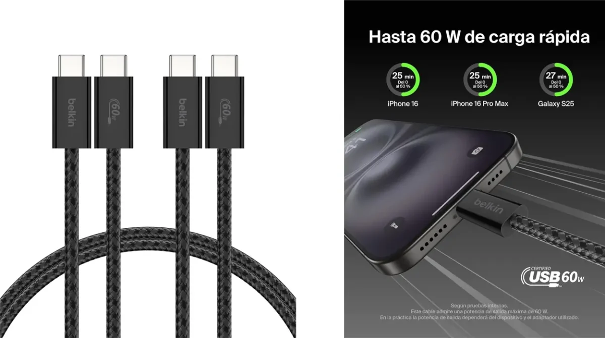2 cables trenzados Belkin USB-C a USB-C de 1,5 m, 60W con carga rápida