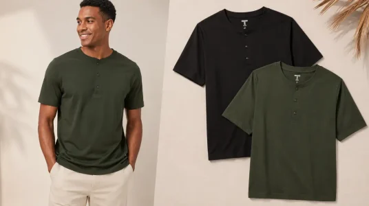 Pack de 2 camisetas de algodón Henley Amazon Essentials para hombre en negro y verde oliva oscuro