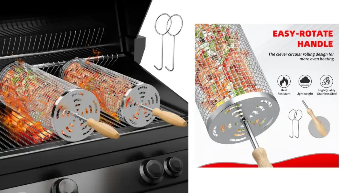 Set de 2 cestas para parrilla BBQ Juauo de acero inoxidable con mango de madera extraíble