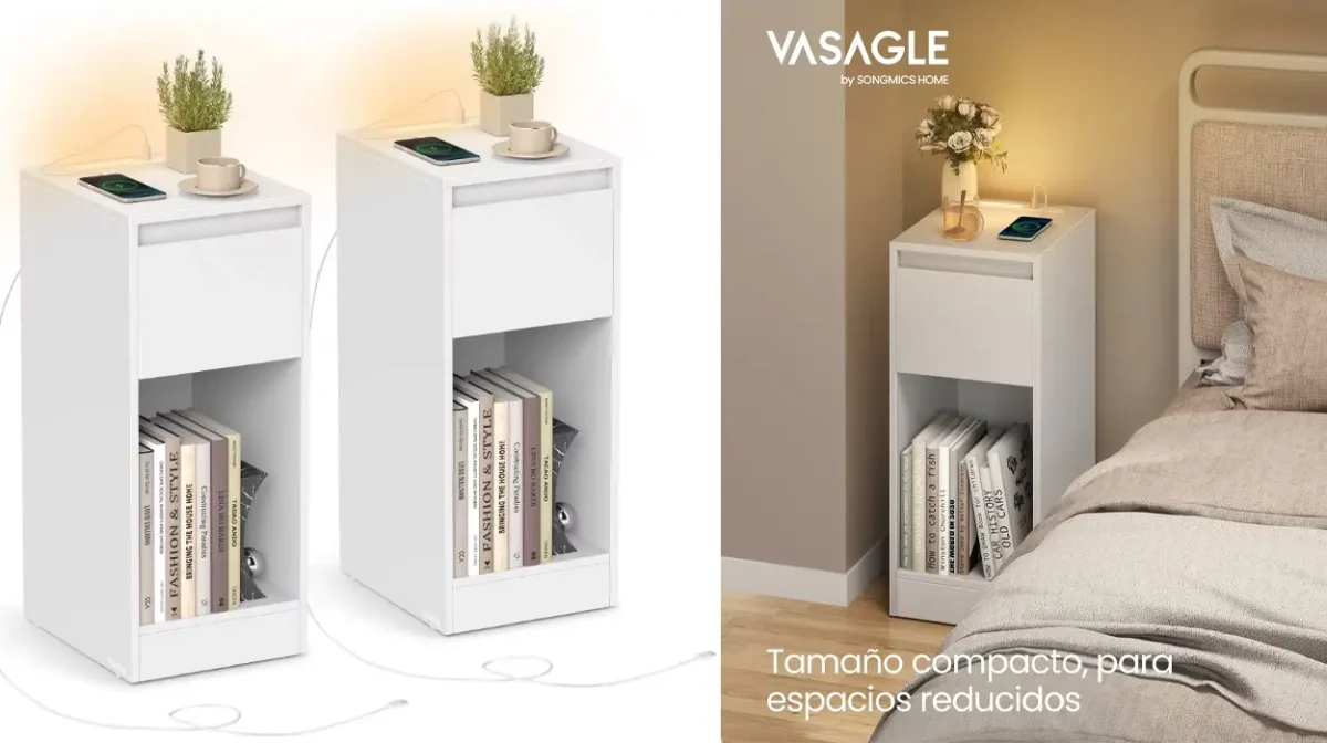 Actualiza tu dormitorio con este pack de 2 mesitas de noche estrechas con luz LED integrada y puerto de carga USB