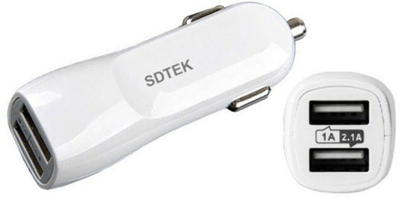 SDTEK Cargador de coche Blanco Dual Doble USB con 2.1A