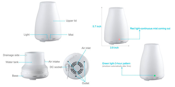 Humidifcador con luz LED de ultrasonidos para aceites esenciales 