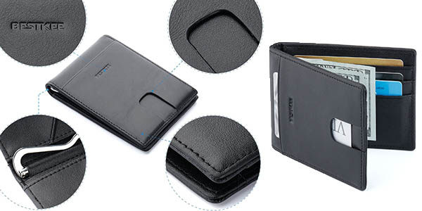 billetera para tarjetas en cuero negro tamaño ideal bolsillo pantalón con seguro anti-robo