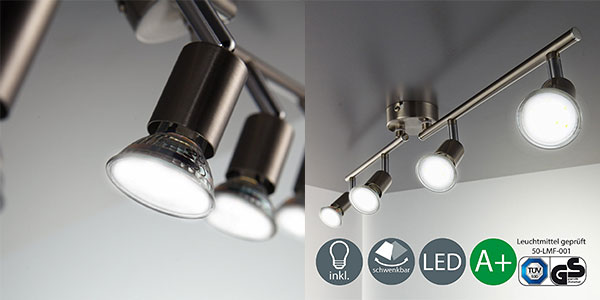 Lámpara de techo LED B.K. Licht con 4 focos orientables y bombillas de bajo consumo barata