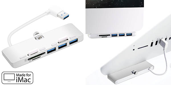 Hub Cateck de 3 puertos USB 3.0 ultrafino de aluminio con lector SD para iMac