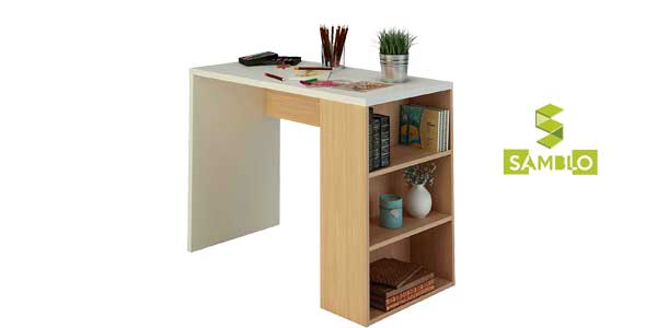 Mesa escritorio de melamina con estanteria en blanco y nogal barata en Amazon