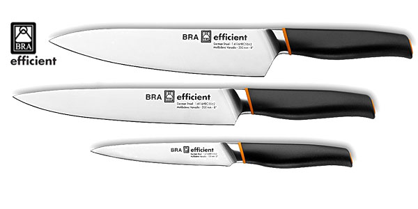 Set de 3 sartenes, 18-22-26 cm BRA Efficient aluminio fundido con antiadherente Platinum Plus y 3 cuchillos de acero inoxidable alemán chollazo en Amazon 