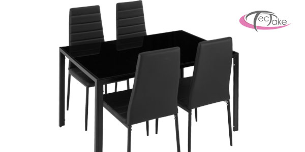Conjunto de mesa de acero y vidrio templado y 4 sillas de comedor en negro o blanco barato en eBay