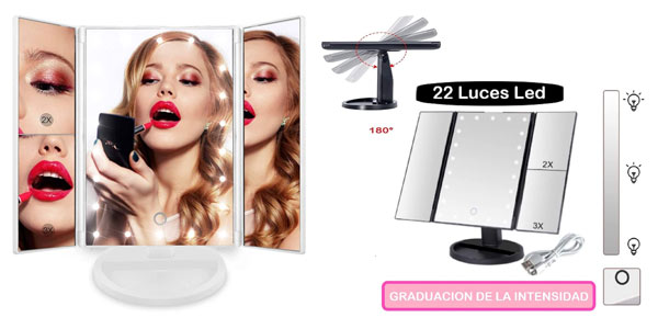 Espejo tríptico con aumentos para maquillaje con luces LED barato en Amazon