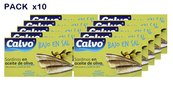 Pack de 10 latas de sardinas en aceite de oliva Calvo bajas en sal 120gr barato en Amazon