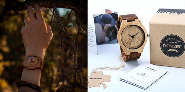 Relojes unisex de madera de bambú con correa de piel natural en varios diseños chollazo en Amazon
