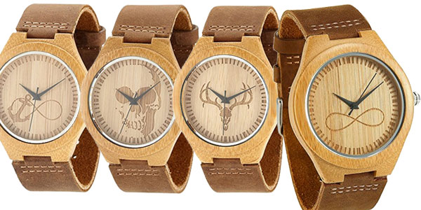 Relojes unisex de madera de bambú con correa de piel natural en varios diseños baratos en Amazon