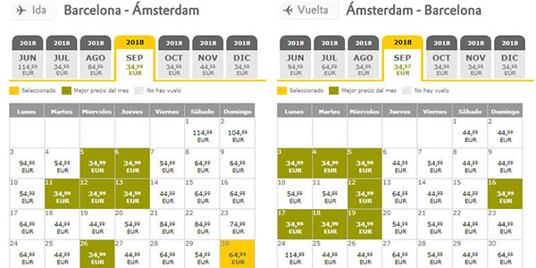 Vueling calendario de precios con los vuelos de un destino determinado