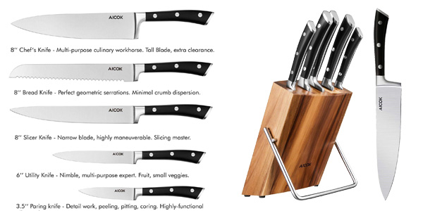Set de 5 cuchillos de cocina de acero inoxidable y bloque de madera Aicok chollazo en Amazon