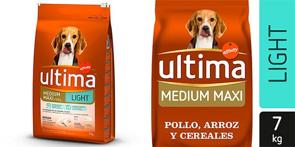▷ Chollazo Pienso para perros Ultima Medium-Maxi Light con pollo, arroz y  cereales (7 kg) por sólo 15,95€ (-36%)
