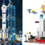 Lanzadera espacio de bloques tipo LEGO con 3 minifiguras