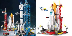 Lanzadera espacio de bloques tipo LEGO con 3 minifiguras