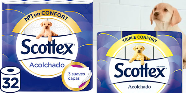 Pack de 32 rollos de papel higiénico Scottex acolchado barato