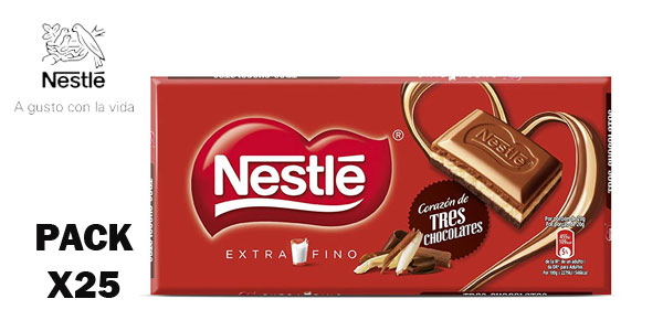 Pack de 25 tabletas de Nestlé Extrafino Corazón de 3 Chocolates x120gr/ud barato en Amazon