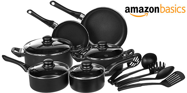 Chollo Juego AmazonBasics de 15 utensilios de cocina antiadherentes