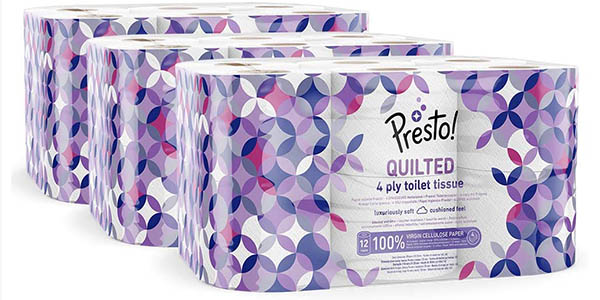 Pack x36 Rollos Papel higiénico Amazon Presto! Acolchado de 4 capas