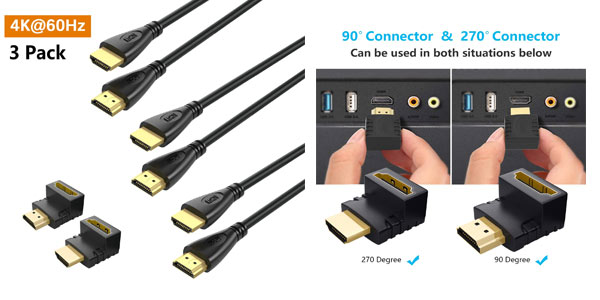 Pack de 3 cables HDMI ICZI + 2 conectores en ángulo baratos en Amazon