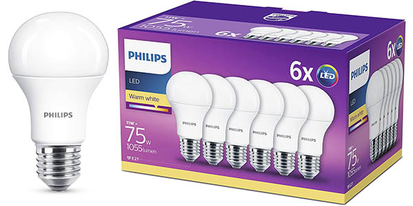Pack de 6 bombillas LED Philips E27 equivalente a 75W