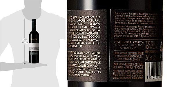 Botella Vino Tinto Hacienda Zorita Natural Reserve Syrah de 750 ml chollo en Amazon