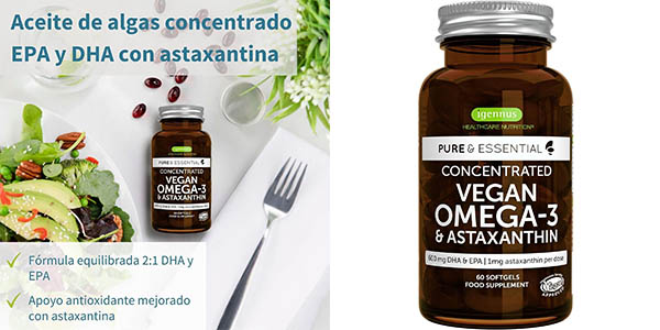 Envase 60 cápsulas Omega 3 Vegano Pure & Essential con Astaxantina