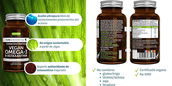 Envase 60 cápsulas Omega 3 Vegano Pure & Essential con Astaxantina