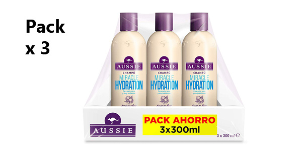 Pack x3 Champú Aussie Miracle Hydration de 300 ml/ud barato en Amazon