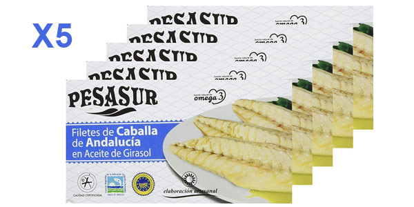 Pack x5 Latas Filetes de caballa de Andalucía Pesasur en aceite de girasol de 120 gr/ud. (Total 600 gr.) barato en Amazon