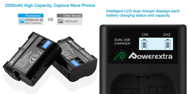 Pack x2 baterías Powerextra Nikon EN-EL15 + Cargador inteligente con pantalla LCD chollazo en Amazon
