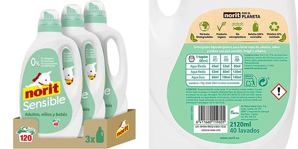 Pack x3 Detergente líquido a máquina Norit Diario pieles sensibles (120 lavados)