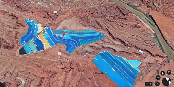 estanques de potasio en Moab Utah vistos desde Google Earth