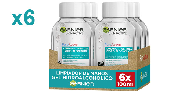Pack x6 Garnier Skin Active Gel Limpiador Hidroalcohólico de manos de 100 ml barato en Amazon