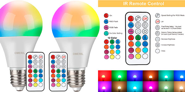 Chollo Pack x2 Bombillas LED de colores Omeril RGBW E27 10W con mando a distancia 