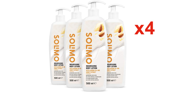 Pack x4 Loción corporal nutritiva Amazon Solimo con aceite de almendras y extracto de miel de 500 ml/ud barata en Amazon