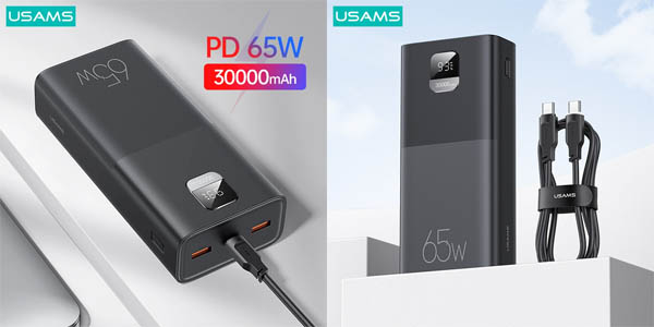 Batería portátil USAMS de 30.000 mAh PD 65W con 2x USB + USB-C