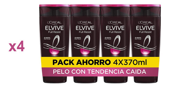 ▷ Chollo Pack x4 Champú Fortificante L'Oréal Paris Elvive Full Resist de 370  ml/ud por sólo 10,50€ (32% de descuento)