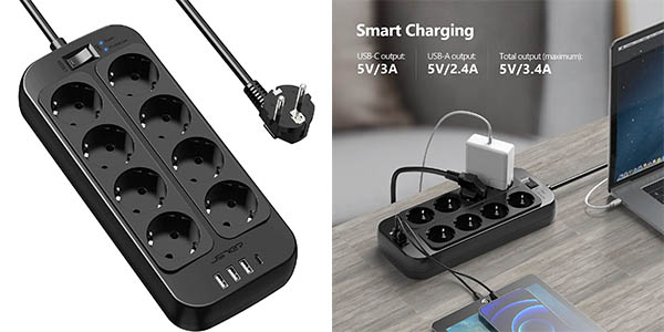 Regleta JSVER con 8x enchufes Schuko, 3x USB, USB-C e interruptor
