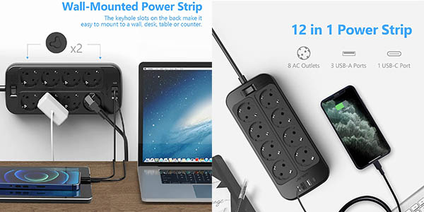 Regleta JSVER con 8x enchufes Schuko, 3x USB, USB-C e interruptor