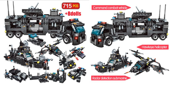 Bloques construcción tipo LEGO con camión de policía 