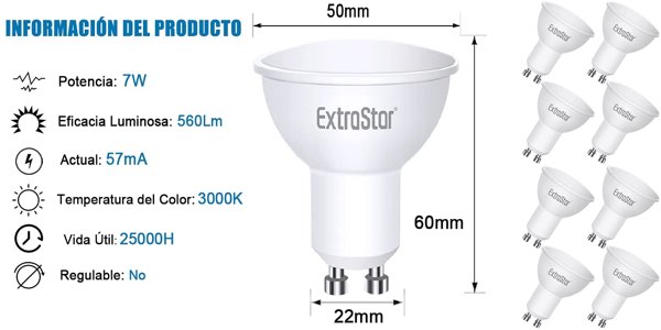 Pack x8 Bombillas LED ExtraStar GU10 de 7W barato en Amazon