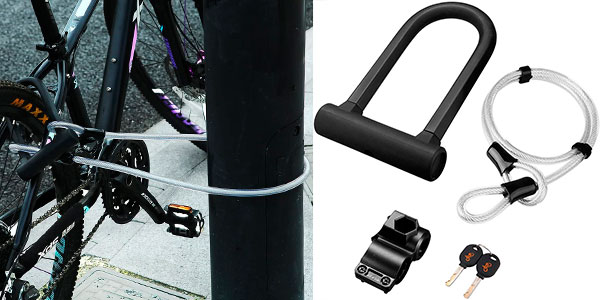 Candado para bicicleta DINOKA U + candado de cable de acero con soporte 2  en 1 candado para bicicleta en U cable de acero flexible