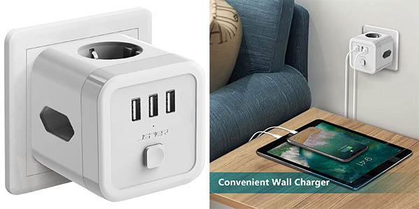 JSVER Cubo Enchufe Con 3 Tomas Y 4 Puertos De USB, 7 En 1 Cubo Regleta Con Interruptor Individual Enchufe Alargador Multiple Con 2 USB A& 2 USB C,Cable 2m-Blanco