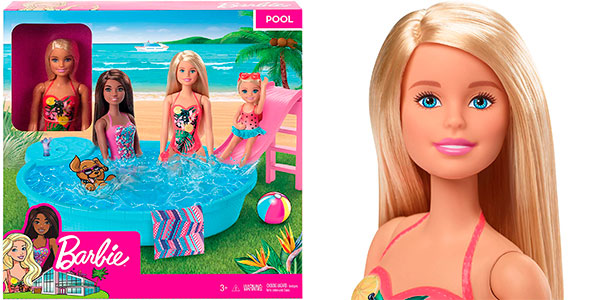 Barbie con piscina y tobogán barato