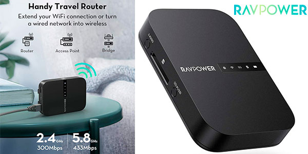 Chollo Router portátil RAVPower + amplificador Wi-Fi + lector de tarjetas + batería externa de 6.700 mAh